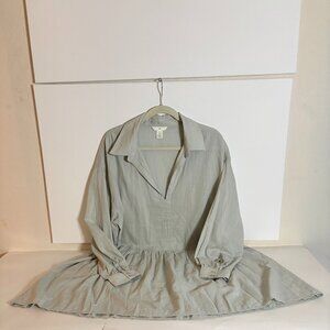 H&M Sage Green Smock Dress Collared V-Neck Long Sleeve Tiered Flowy Midi Size L